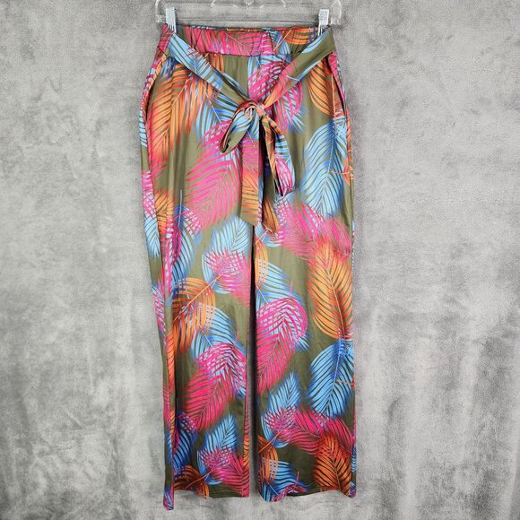 Womens Tropical Multicolor Leaf Print Wide-Leg Pants w/ Waist Tie Polyester L - Picture 2 of 9